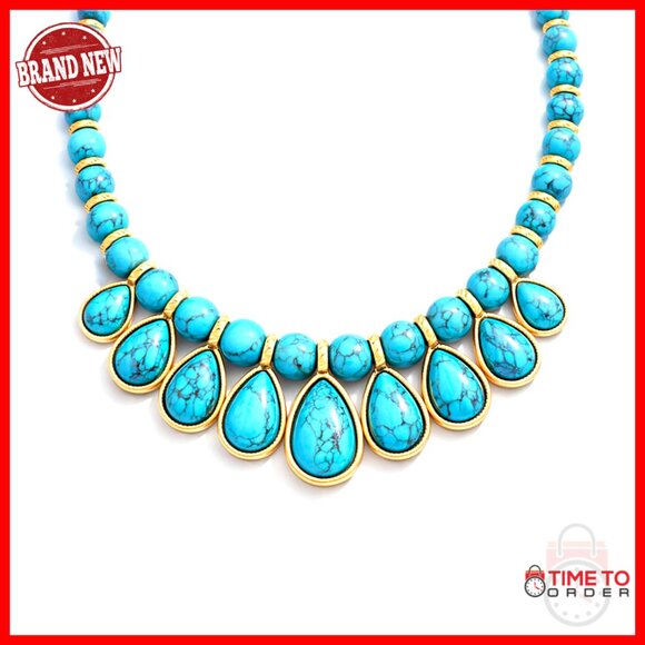Genuine Turquoise Statement Gold Chunky Necklace Handmade Bolo Western Jewelry